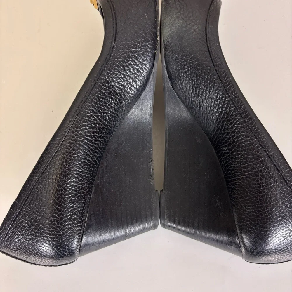 Tory Burch Black Leather Wedge Pumps with Gold Logo Trim 8.5‎